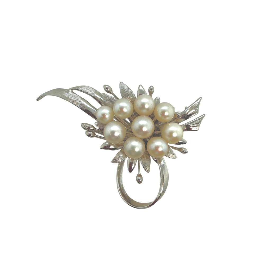 Vintage Sterling Silver Cultured Akoya Pearl Cluster Brooch