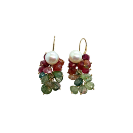 14K Gold Cultured Pearl & Multi-Color Tourmaline Cluster Drop Earrings | Estate Fine Jewelry