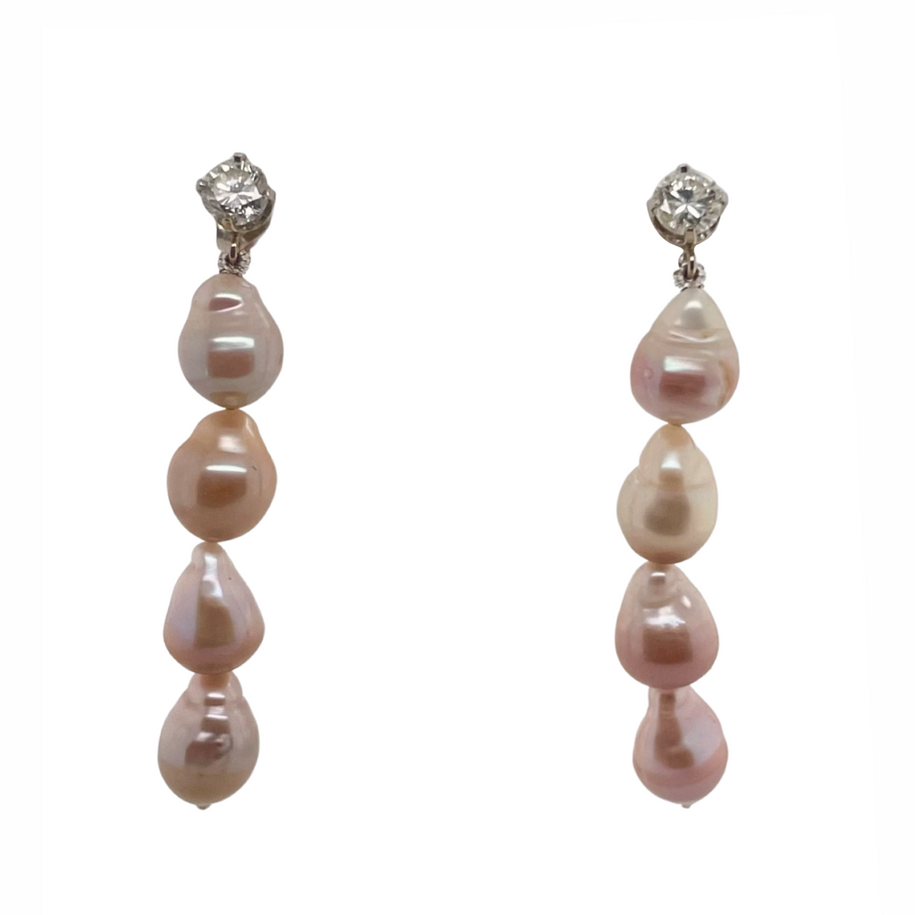 14K White Gold Pink Baroque Pearl and Diamond Drop Earrings