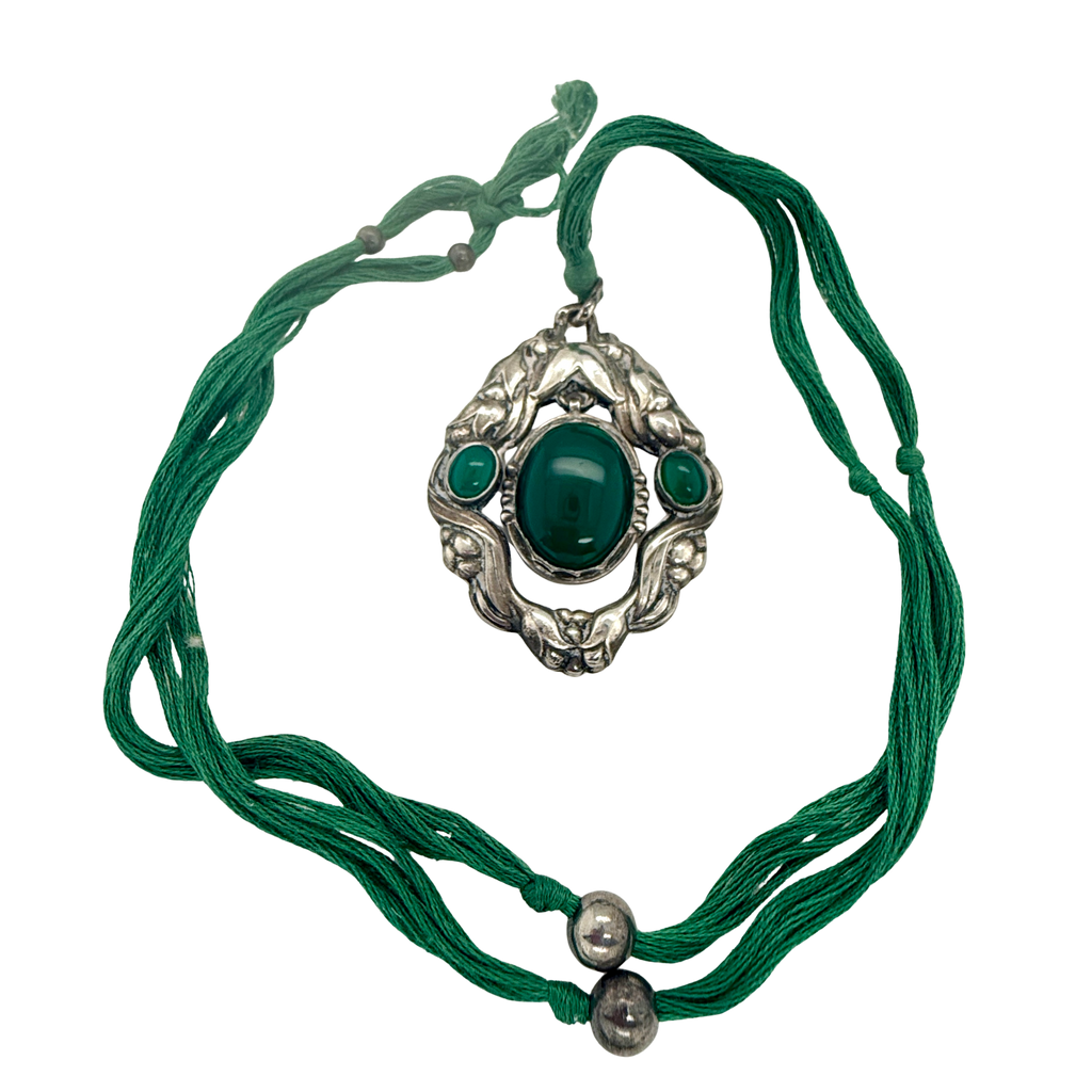 Rare Early Georg Jensen Green Agate Pendant with Original Cord 1915-1927 full view