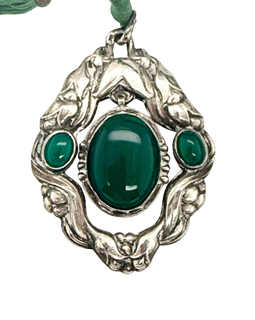 Rare Early Georg Jensen Green Agate Pendant with Original Cord 1915-1927 closeup of pendant