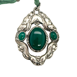 Rare Early Georg Jensen Green Agate Pendant with Original Cord 1915-1927 closeup of pendant