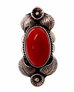 Silver and Red Coral Native American Ring