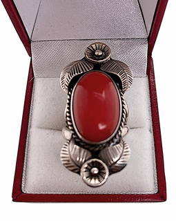 Silver and Red Coral Native American Ring