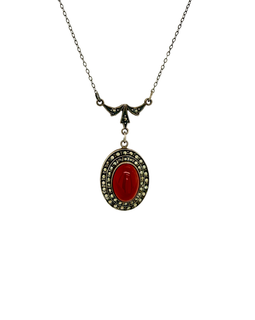Art Deco Sterling Silver Carnelian & Marcasite Necklace