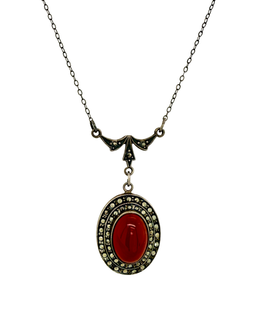 Art Deco Sterling Silver Carnelian & Marcasite Necklace