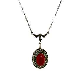 Art Deco Sterling Silver Carnelian & Marcasite Necklace