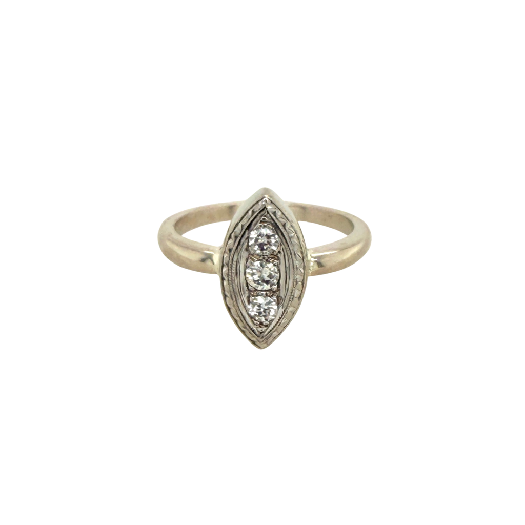 Retro 14K white gold navette ring with three diamonds and engraved bezel