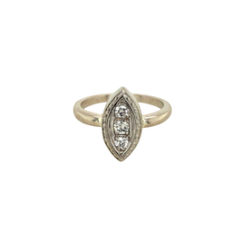 Retro 14K white gold navette ring with three diamonds and engraved bezel
