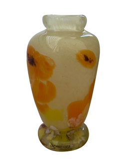 Side angle of the vase reveals its elegant contours and hand-applied orange blossoms in rich Art Deco style.
