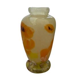 Side angle of the vase reveals its elegant contours and hand-applied orange blossoms in rich Art Deco style.