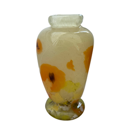 Full front view of Schneider mottled glass vase, showcasing vibrant yellow hue and delicate orange blossom detailing.