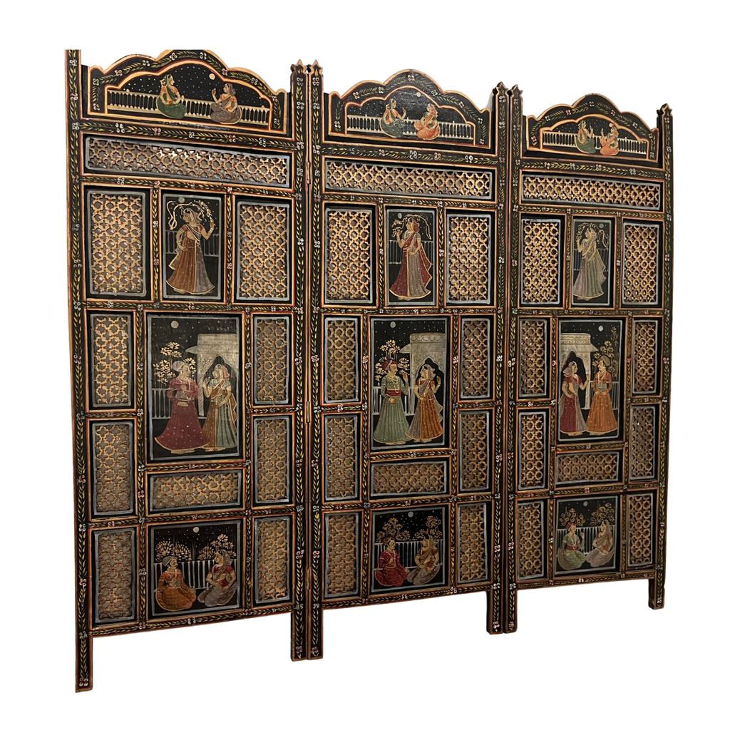 Vintage Indian Carved Turned And Painted 3 Panel Screen