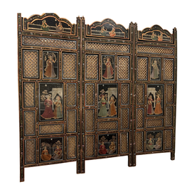 Vintage Indian Carved Turned And Painted 3 Panel Screen