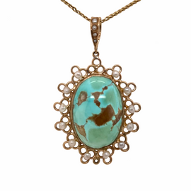 Victorian 14K Gold Turquoise And Seed Pearl Pendant