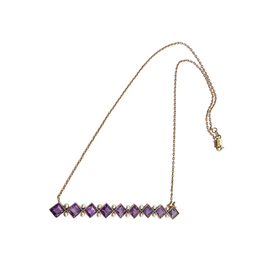 Victorian 14K gold bar necklace with square‑cut amethysts and seed pearls on a gold chain.