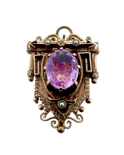 Victorian 14K Gold Amethyst & Seed Pearl Pendant / Watch Pin Brooch front