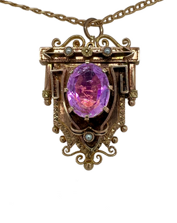 Victorian 14K Gold Amethyst & Seed Pearl Pendant / Watch Pin Brooch front view on chain