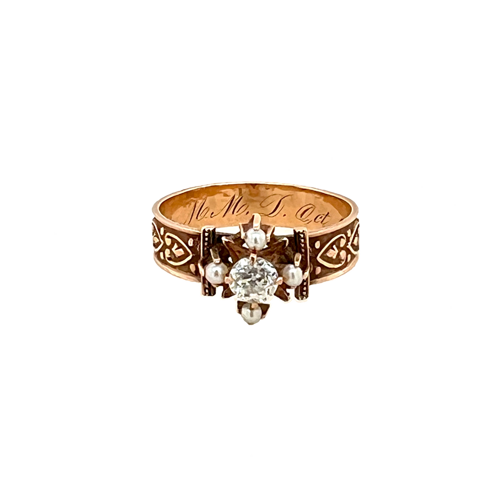 Victorian 14K Gold Diamond & Seed Pearl Ring dated 1882 view of ring face