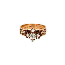 Victorian 14K Gold Diamond & Seed Pearl Ring dated 1882 view of ring face