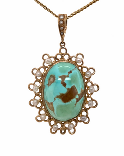 Victorian 14K Gold Turquoise & Seed Pearl Pendant front view