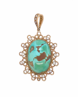 Victorian 14K Gold Turquoise & Seed Pearl Pendant another front view