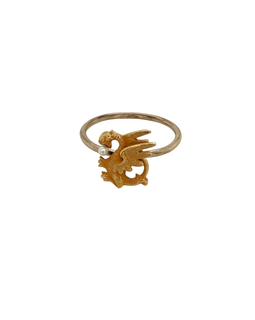 Victorian 14K gold griffin ring holding seed pearl, size 7