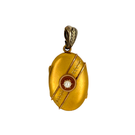 Front view of a Victorian 14k Gold Picture Locket Pendant With Pearl