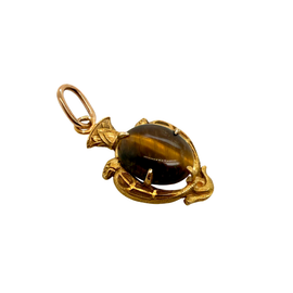 Victorian Tiger’s Eye cabochon pendant in 14K yellow gold with foliate and serpent details