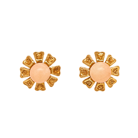 Pair of vintage 14K yellow gold flower stud earrings with pale peach-pink angel skin coral centers
