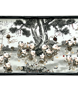 Vintage Chinese Ceramic “100 Boys“ Plaque full view