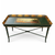 Vintage painted tray coffee table with a rectangular scenic landscape top, acanthus leaf border, and slender turned legs with stretcher base.