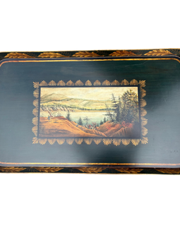 Vintage rectangular painted tray featuring a central landscape scene framed by gold fan motifs and an outer acanthus leaf border.