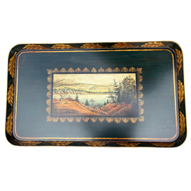 Vintage rectangular painted tray featuring a central landscape scene framed by gold fan motifs and an outer acanthus leaf border.