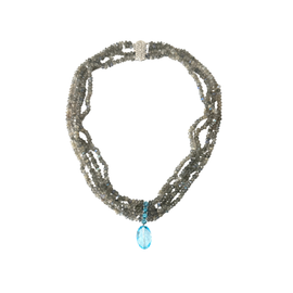 full view of Vintage 14K Gold Four‑Strand Labradorite Necklace with Blue Topaz Drop