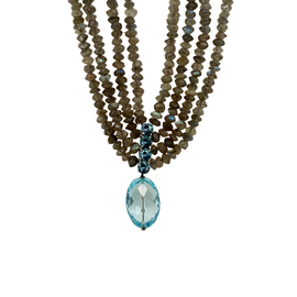 closeup view of main stone on Vintage 14K Gold Four‑Strand Labradorite Necklace with Blue Topaz Drop