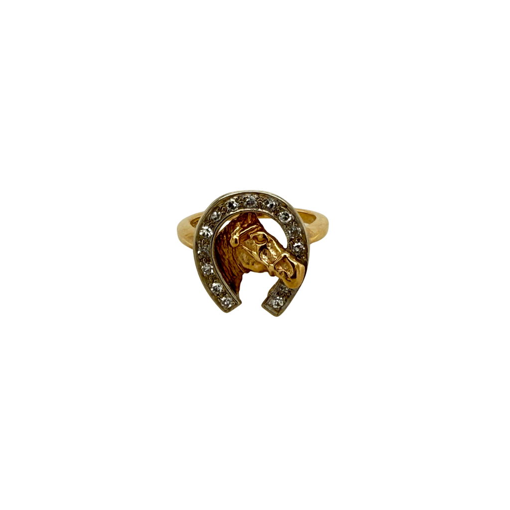 Vintage 14K gold and diamond horseshoe ring with sculpted horse head motif, circa 1950