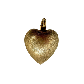 Vintage 14K yellow gold puffy heart pendant with a textured Florentine finish, front view