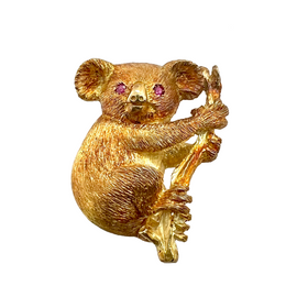 Vintage 18K Gold Koala Bear Brooch With Ruby Eyes