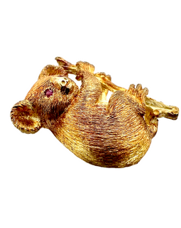 Vintage 18K Gold Koala Bear Brooch With Ruby Eyes view at an angle