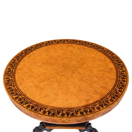 View from the top down of a Vintage Baker Stately Homes George Bullock Burled Ash Center Table