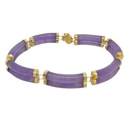 Vintage Chinese lavender jade 14K gold link bracelet, circa 1970s, shown curved to display articulation