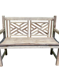 Vintage Chippendale Style Teak Bench – Weathered Gray full front view
