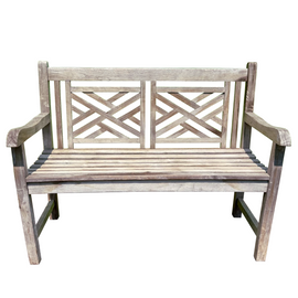Vintage Chippendale Style Teak Bench – Weathered Gray full front view