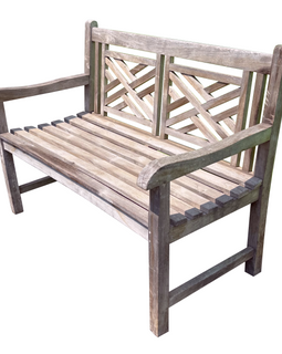 Vintage Chippendale Style Teak Bench – Weathered Gray angled view