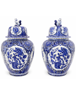 Pair of Vintage Delft Pottery Blue and White Covered Urns