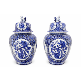 Pair of Vintage Delft Pottery Blue and White Covered Urns