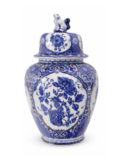Single view of Vintage Delft Pottery Blue and White Covered Urn