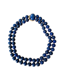 Another full view of Vintage Double Strand Lapis Lazuli  Beaded Necklace with 14K Gold Clasp