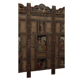 Central panel of Indian screen featuring carved latticework and painted courtly scene.